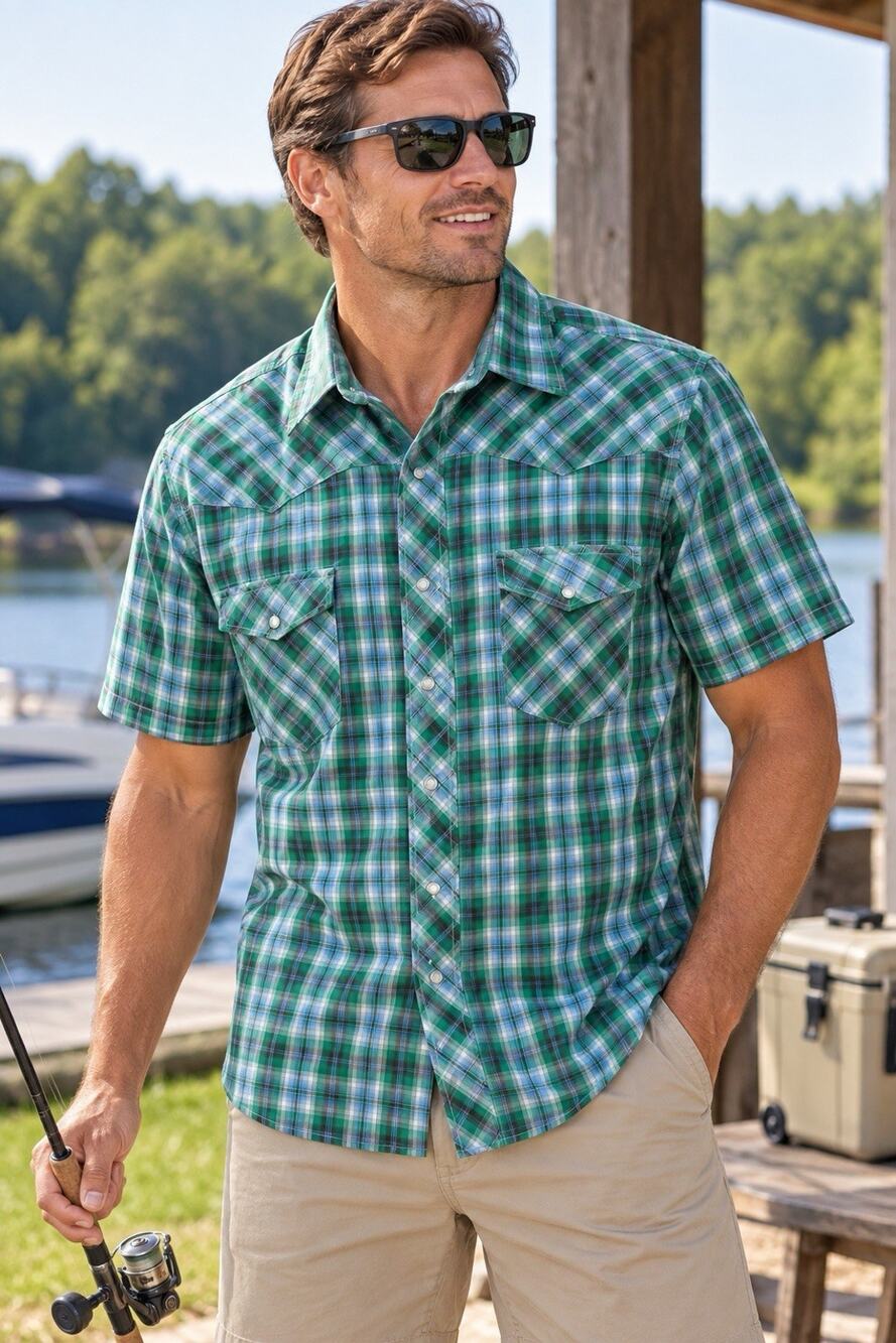 Wrangler Green Plaid Shirt Sleeve Men’s Snap Front Shirt Sz 2xl